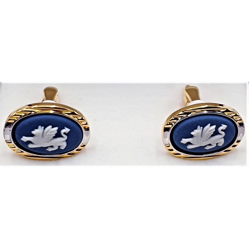 788 - WEDGWOOD Dark BLUE/WHITE JASPER WARE DRAGON DESIGN CUFFLINKS  (Original Box)