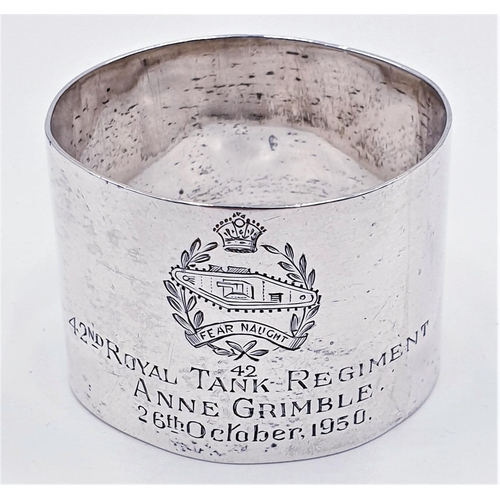 94 - SOLID SILVER MILITARY 42nd TANK REGIMENT NAPKIN RING (Hallmarked For London)  (Total Weight 34.7 Gra... 