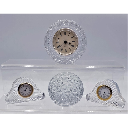 116 - WATERFORD CRYSTAL PAPERWEIGHT Plus CUT GLASS CLOCKS (3)