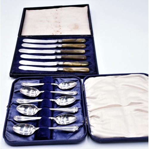 126 - SILVER COLLARED (Boxed Set Of ) BUTTER KNIVES Plus (Boxed Set Of Six) SPOONS