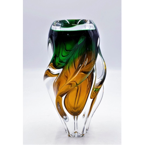 563 - MURANO GLASS 20.5cm ORANGE / GREEN TWISTED VASE