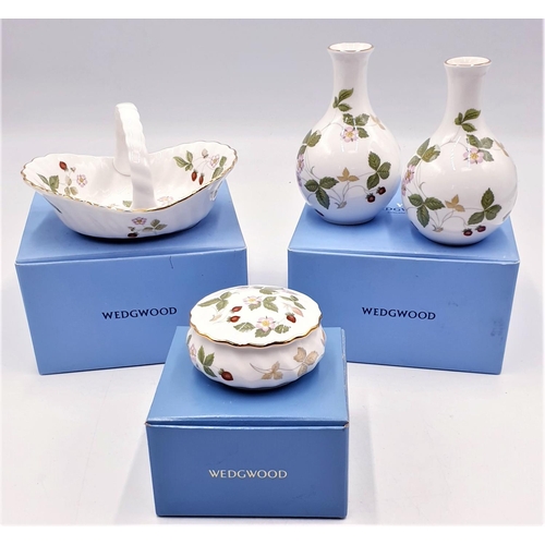 85 - WEDGWOOD CHINA ITEMS (4) IN WILD STRAWBERRIES DESIGN Including PAIR OF VASES, CANTERBURY BASKET And ... 