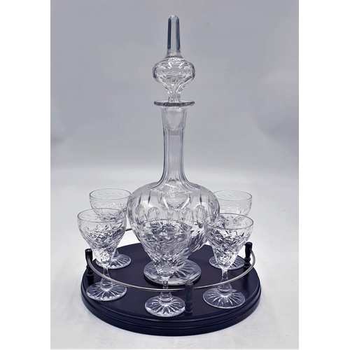 128 - GLASS DECANTER And SIX GLASSES ON A GALLERY TRAY