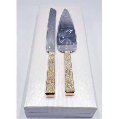 215 - STAINLESS STEEL / DIAMANTE CAKE SERVER & KNIFE  (Boxed)