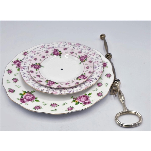 427 - ROYAL ALBERT CHINA THREE TIER CAKE STAND IN THE NEW COUNTRY ROSES DESIGN Plus ACCESORIES