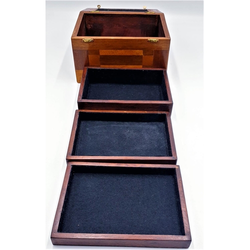 70 - WOODEN INLAID 22.5cm x 17cm x 12.5cm THREE COMPARTMENT HINGED LIDDED JEWELLERY BOX