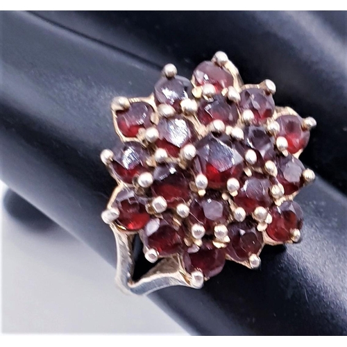 84 - GOLD ON STERLING SILVER GARNET CLUSTER RING (Size P , Total Weight 4.45 Grams)