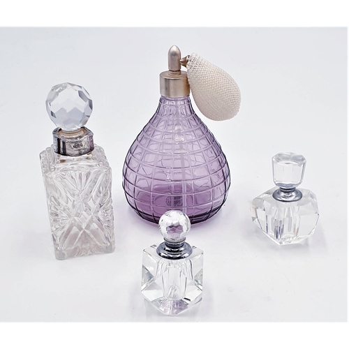 758 - GLASS PERFUME BOTTLES (4) INCLUDING SILVER (Hallmarked) COLLAR Plus (Hand Blown) EXAMPLE