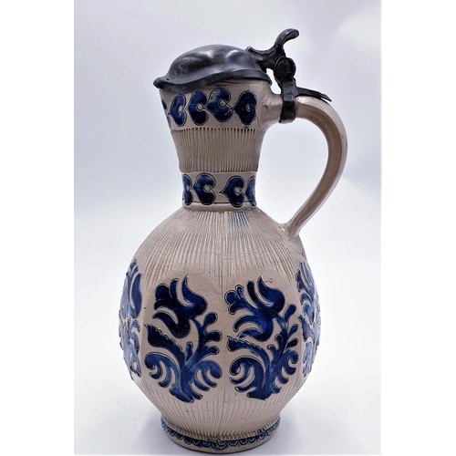 311 - STAFFORDSHIRE 21.5 cm  BLUE/CREAM PATTERN WATER JUG With PEWTER TOP
