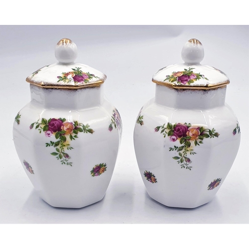 118 - ROYAL ALBERT CHINA 11.5cm LIDDED URN VASES (2) IN THE OLD COUNTRY ROSES DESIGN