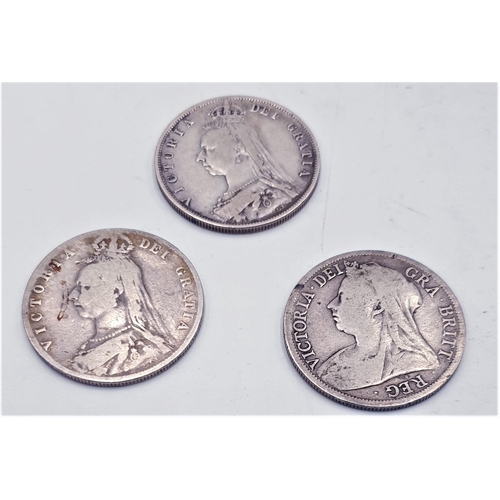 137 - VICTORIAN SILVER (925) CONTENT HALF CROWNS (3) (Dated 1887,1889 & 1898)