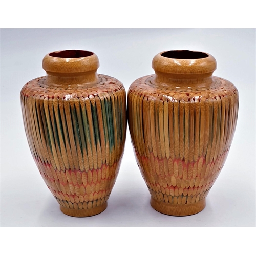 730 - WOODEN ORIENTAL 13.5cm BAMBOO VASES (2)