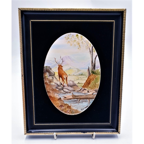 736 - FRAMED CERAMIC OVAL TILE (Hand Painted) Signed By Mr Peter Graves.
(Peter and Marie began painting o... 