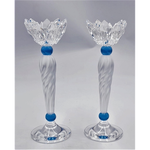 783 - SWAROVSKI CRYSTAL 16cm PAIR OF BLUE FLOWER CANDLEHOLDERS. 
Designer: Gabriele Stamey,Introduced: 199... 