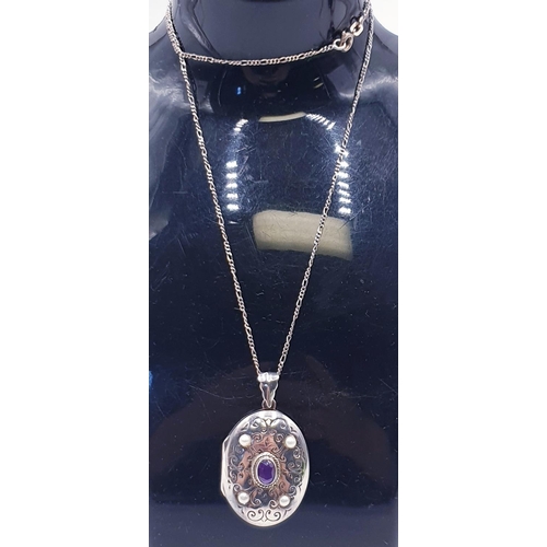 143 - SOLID SILVER AMETHYST/PEARL LOCKET ON A SILVER 50cm NECK CHAIN (Signed To Loop)  (Boxed)