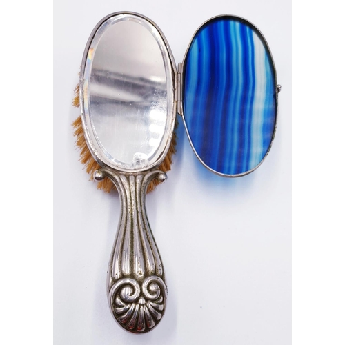 284 - WHITE METAL HAIR BRUSH With POLISHED BLUE ONYX BACKING AND CONTAINING A MIRROR c1930s (Slight Ware T... 