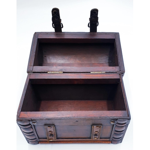 360 - WOODEN 14cm x 20cm x 24cm CHEST WITH LEATHER STRAPS AND HANDLE