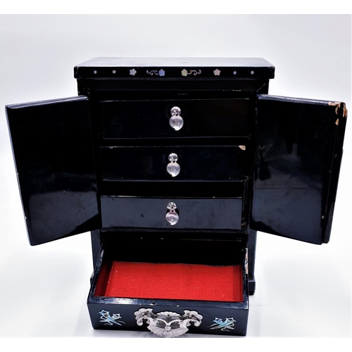 429 - ORIENTAL Large 24cm x 19cm x 11cm INLAID JEWELLERY CABINET (Old) (Slight Damage To Door And Drawer)