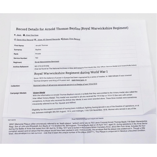 645 - WWI DEATH PLAQUE 'ARNOLD THOMAS BAYLISS' ROYAL WARWICKSHIRE REGIMENT' ORIGINAL ENVELOPE & SOME INFOR... 