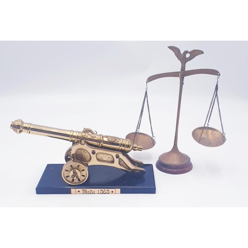 124 - BRASS CANNON ON PLYNTH Plus BRASS SET OF SCALES ON WOODEN BASE