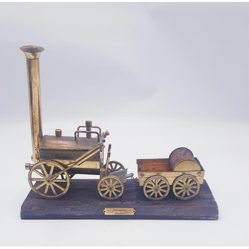 172 - BRASS Large MODEL OF STEPHENSON'S ROCKET MOUNTED ON A WOODEN PLYNTH