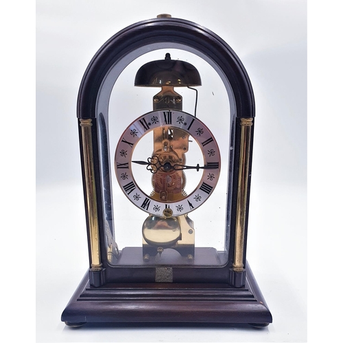 90 - WOODEN CASED GERMAN SKELETON CHIMING MANTLE CLOCK (With Key) With Franz Hermle 791-081 16.5cm Mechan... 