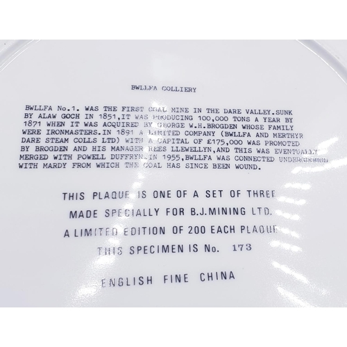 137 - ENGLISH FINE CHINA 27 cm Dia MINING PLATES (2) 'BRINSLY COLLIERY NOTTINGHAMSHIRE' & 'BWLLFA COLLIERY... 