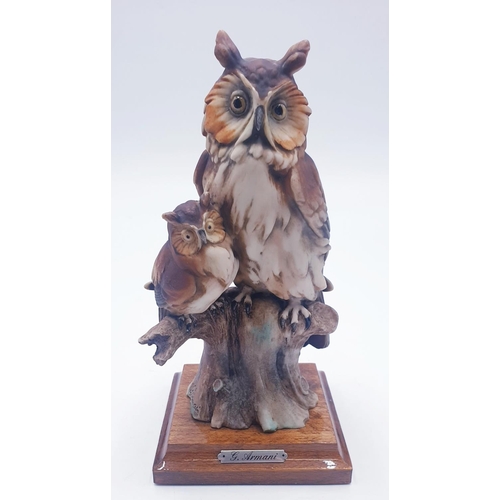 156 - CAPODIMONTE 19cm MODEL OF A LONG EARED OWL And OWLET MOUNTED ON A WOODEN PLINTH Signed G. Armani