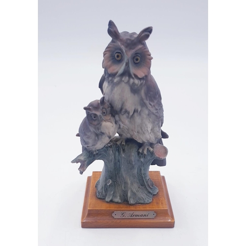 160 - CAPODIMONTE 19cm MODEL  OF TWO LONG EARED OWLS  MOUNTED ON A WOODEN PLINTH Signed G. Armani