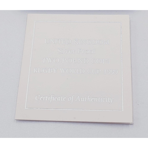 274 - SOLID SILVER PROOF UNCIRCULATED £2 COIN 1999 RUGBY (Certificate & Boxed)