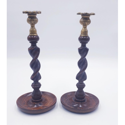 103 - WOODEN 30cm BARLEY TWIST CANDLESTICKS (Pair)