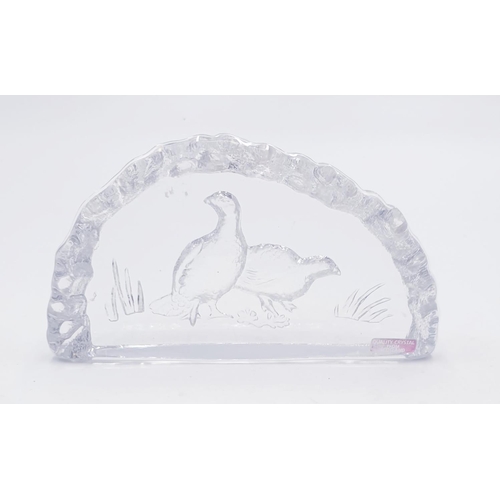 122 - EDINBURGH CRYSTAL 16cm x 9cm ETCHED GLASS GROUSE BIRDS  PAPERWEIGHT