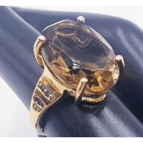 230 - SILVER (925) GOLD GILT TGGC (The Genuine Gemstone Company) SMOKEY QUARTZ Large STONE SET RING (Size ... 