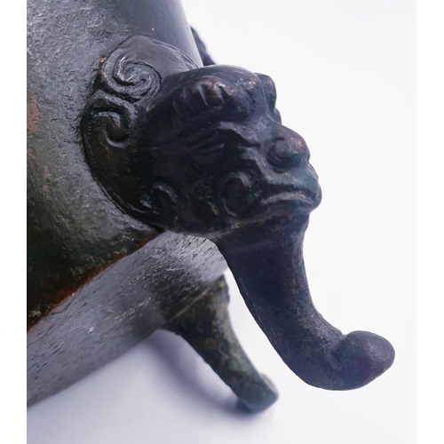 234 - ORIENTAL BRONZE 14cm x 14cm CENSOR With ELEPHANT LEGS & A FOO DOG FINIAL  (Old)