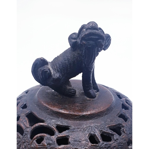 234 - ORIENTAL BRONZE 14cm x 14cm CENSOR With ELEPHANT LEGS & A FOO DOG FINIAL  (Old)