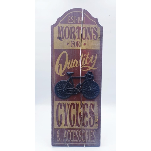 79 - WOODEN Large 61cm x 22.5cm ADVERTISING SIGN 'MORTONS FOR CYCLES' (Split In Wood).
(Please Note This ... 