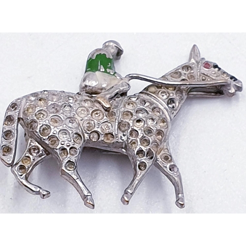 93 - SILVER /ENAMEL Small BROOCH With C CLASP (Tested) MODELLED AS A HORSE & JOCKEY  (Couple Of Stones Mi... 