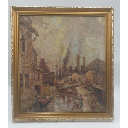 405 - FRAMED 46cm x 52cm OIL ON CANVAS PAINTING OF THE BOTTLE KILNS AND CANALS OF STOKE ON TRENT.
(Please ... 