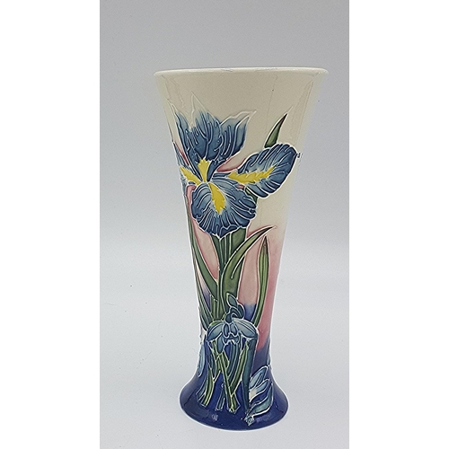 416 - OLD TUPTON WARE TUBELINED 20cm TRUMPET VASE IN THE IRIS FLOWER DESIGN (1298) (Original Box)