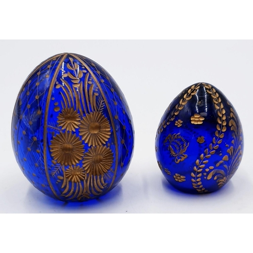 751 - FABERGE STYLE BLUE/GOLD GLASS EGGS (2)