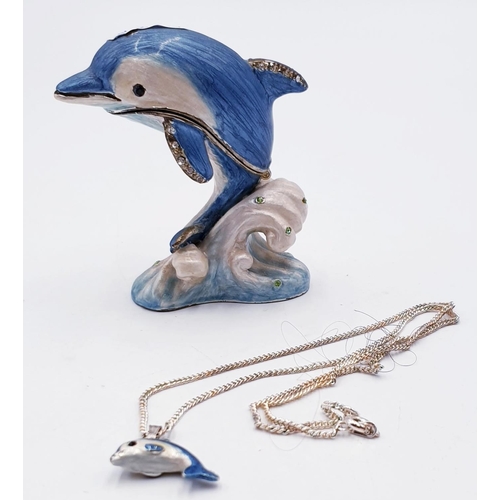 775 - METAL/ENAMEL HINGED LIDDED TRINKET BOX FASHIONED AS A DOLPHIN With MATCHING NECKLACE