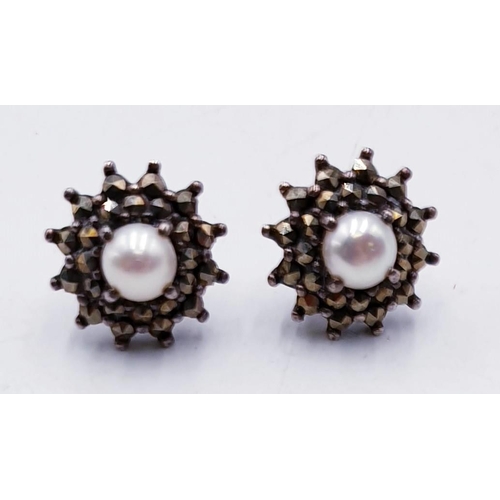 777 - SILVER (925) /MARCASITE & PEARL EARRINGS  (Boxed)