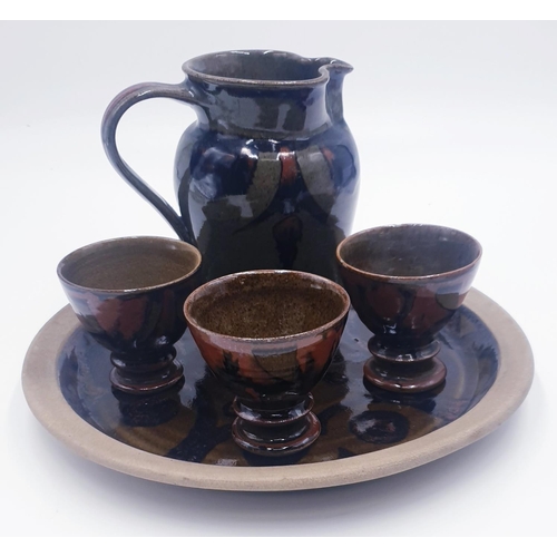 113 - ROOKES STUDIO POTTERY (Ipstones,Staffordshire TRAY, PITCHER & CUPS (3)