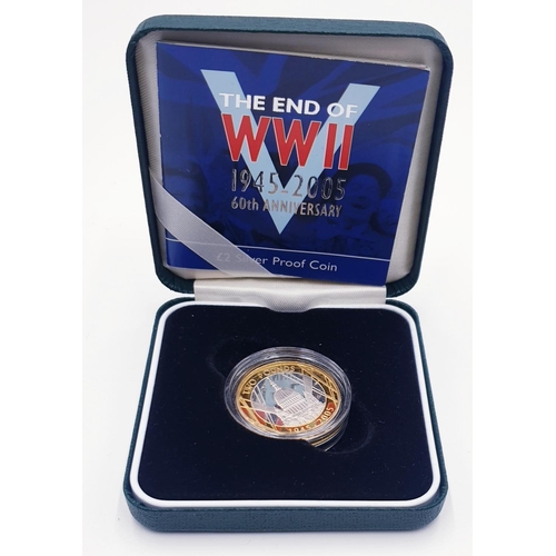 282 - SOLID SILVER WWII 60th ANNIVERSARY END OF WWII £2.00 COIN (Boxed And Certificate)