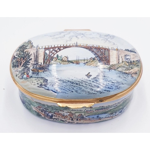 287 - CRUMMELS ENAMELS Large 7cm x 5cm (Hand Painted) OVAL ENAMEL TRINKET BOX Depicting IRONBRIDGE And COA... 