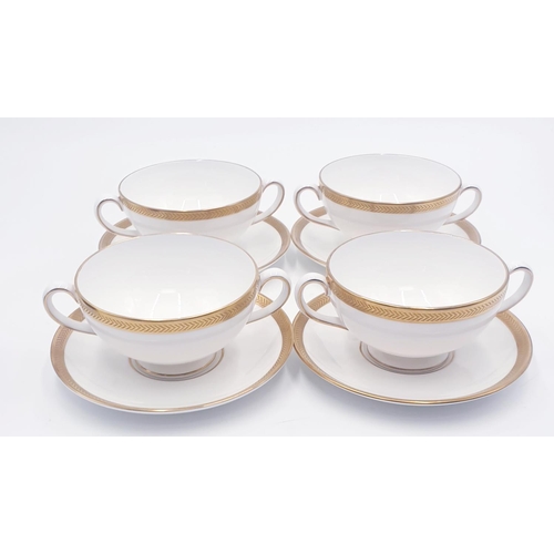 304 - WEDGWOOD CHINA TWIN HANDLED SOUP BOWLS (4) With SAUCERS IN THE SENATOR DESIGN