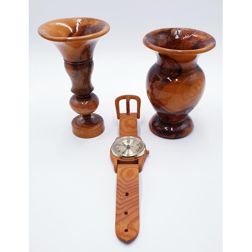 343 - WOODEN VASES (2) (Tallest Being 22.5cm ) TOGETHER WITH AN UNUSUAL WOODEN WATCH