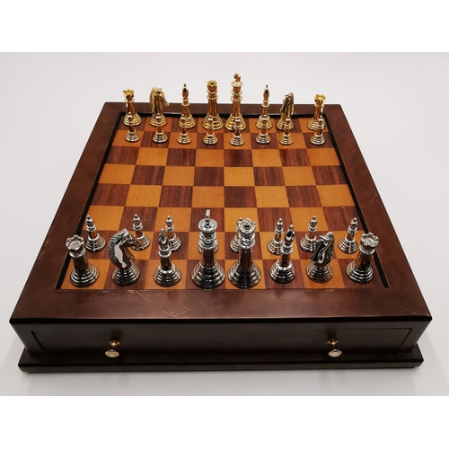 380 - FITTED TWIN DRAWER PULL OUT CHESS BOARD With CAST METAL CHESS PIECES (All Complete)