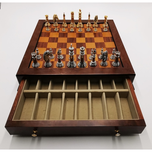 380 - FITTED TWIN DRAWER PULL OUT CHESS BOARD With CAST METAL CHESS PIECES (All Complete)