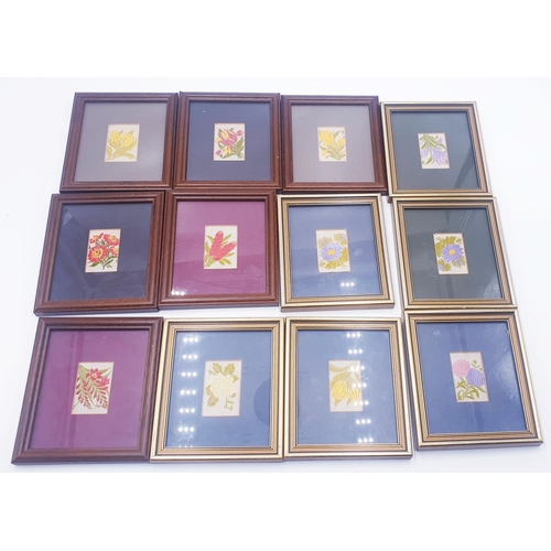 383 - SILK EMBROIDED FLOWERS Miniature PICTURES (12)